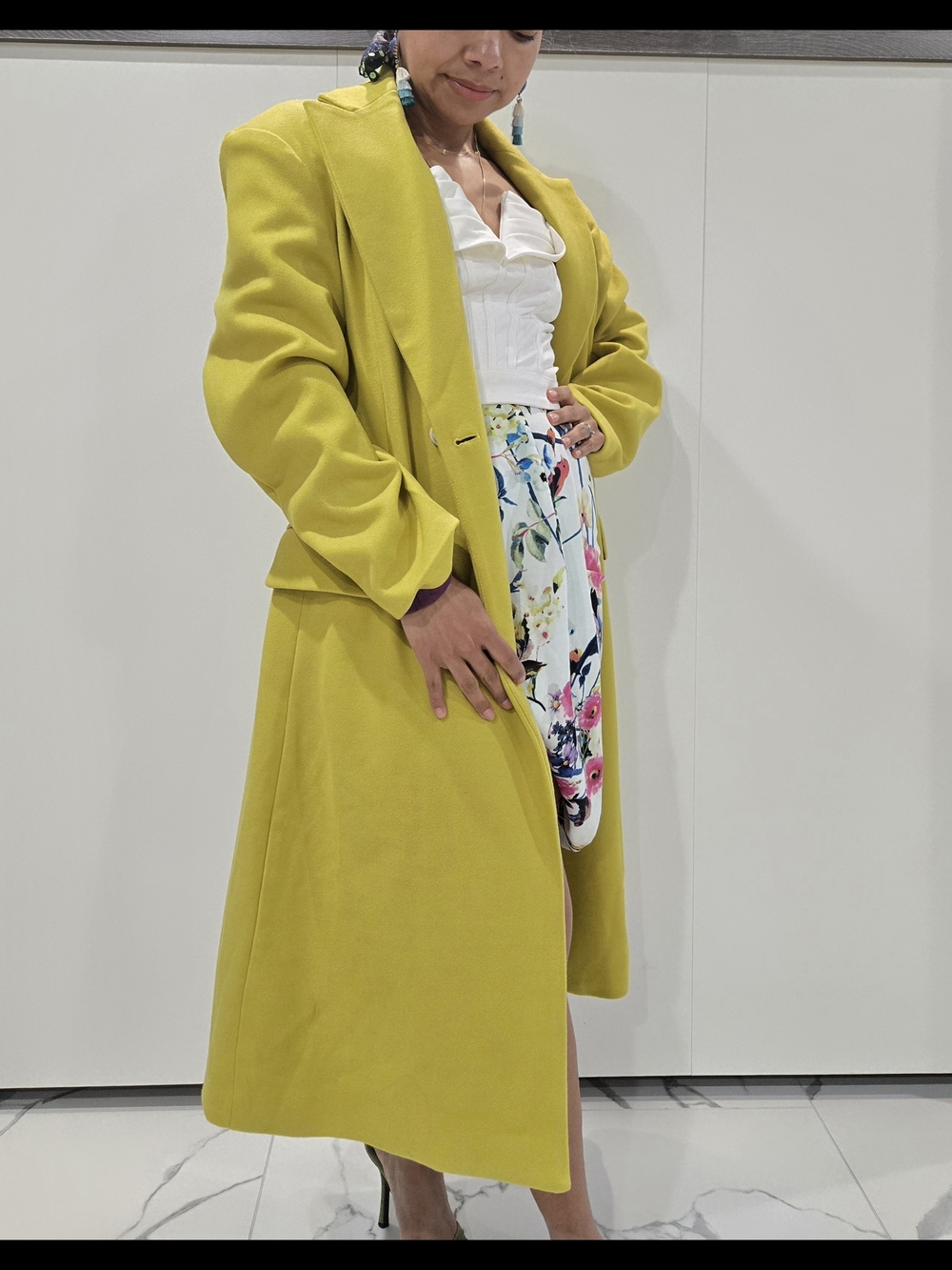 Tailored Double Breasted Midi Coat Sharp Lapel Collar Lime Yellow Purple Lining
